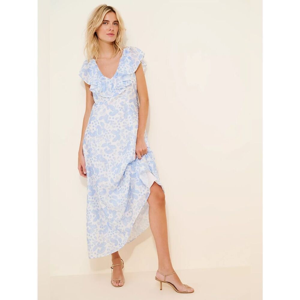 NWT Hansen and Gretel Henrietta Maxi Dress Blue White Floral Midi Size Large